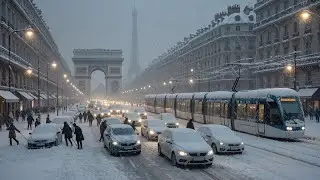 ❄️ Париж, Франция, замерз во время редкой зимней метели, Эйфелева башня засыпана снегом, департам...