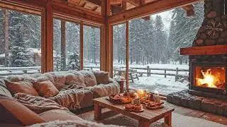 Winter Jazz Cabin Escape ❄️ Cozy Fireplace Ambience, Snowy Forest & Smooth Jazz Music