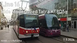 Line 16 Ride Modernized Tatra KT8D5 RN2P to Kotlářka