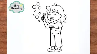 How to Draw a Girl Playing Bubbles | Easy Drawing Step by Step