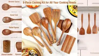 #140 - 9PCS Natural Teak Wooden Kitchen Utensils Set with Holder