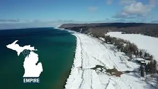 Drone View of Empire Beach and Sleeping Bear Dunes in Winter