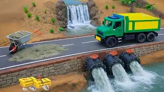 Mini Brick & Concrete Bridge Build with Water Valves | Heavy Truck Test After Storm