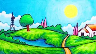 Easy Nature Scenery Drawing | How to Draw Simple Scenery of Green Hills Village With Oil Pastel