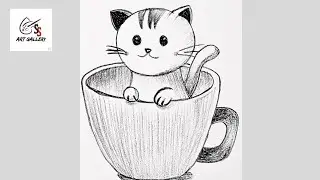 How to draw easy cat with cup pencil sketch drawing step by step #drawing #art 