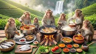 बंदरों का देसी खाना 🐒🍚 | Monkeys Cook Fried Fish & Fish Curry with Rice by Tea Hills 🌿