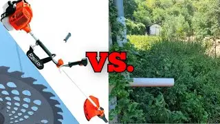 Petrol Gas Trimmer with Toothed Blade vs Tall Grass and small trees 