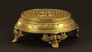 Big Flower Antique Brass Pooja Stool, Bhajoth Chowki with Ghungroo.