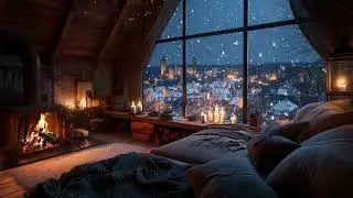 Cozy Fireplace & Gentle Piano | Relaxing Winter Night Ambience with Snowfall