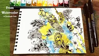 Watercolor Base + Black Pen Zentangle Art  Relaxing Hand‑Drawn Pattern Drawing