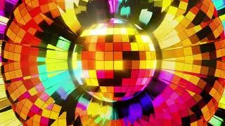Disco ball on a bright multi-colored background. Infinitely looped animation.