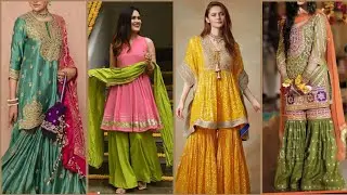 Gorgeous & Stylish Trendy Gotta Work Mayon Mehndi Party Wear Sharara Gharara Dress Designing Ideas