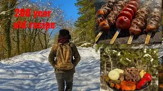 Campfire Cooking | Grilled Beef Kebab with Wild Herb Sauce in the Snow 🍖❄️🔥