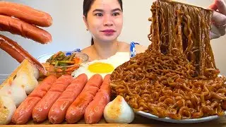 ASMR EATING BLACK BEAN NOODLES, CHINESE SAUSAGE & CRAB BALLS | REAL ASMR | @Hanimacetv 