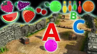 🥦🍓 Learn Alphabet With Kinetic Sand and Bowling Ball Smashing Vegetables Fruits Space Adventure 🎳🌳