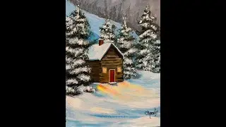 COMO PINTAR CABAÑA EN PAISAJE CON NIEVE EN ACRILICO