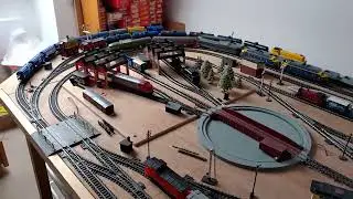 Railway room flyby. Tri-ang Hornby super 4 layout birds eye view