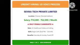Urgent Hiring Chennai | US Voice Process | Sevika Tech | Salary 22k | Female Candidates Only