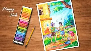 Holi Scenery Drawing | How To Draw Holi Festival | Oil Pastel Scenery Drawing For Kids