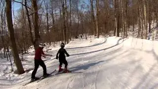 Skiing: Matthew on the Blue Hill through the trees.