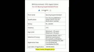 RRB Recruitment 2025 | Apply Online for 272 Nursing Superintendent Posts |#shorts #youtubeshorts