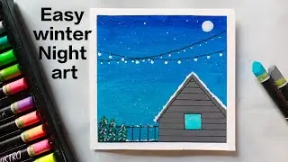 Easy winter Night oil pastel tutorial//Snowy winter Night pastel scenery step by step for beginners 