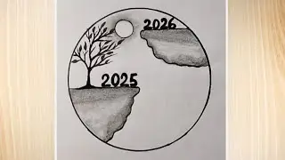 Happy new year drawing ideas।। new year drawing in circle।। circle scenery drawing tutorial।।drawing