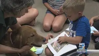 Kids show off their reading skills by reading to dogs