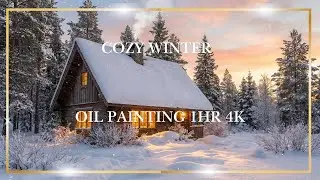 Cozy Winter Wooden Cottage 4K (1HR) – Snowfall, Warm Lights & Forest Sunset | Relaxing TV Art