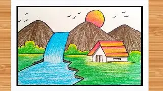 Very easy mountain scenery drawing with pencil colour//step by step tutorial video.