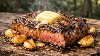 Cooking in the Forest (ASMR): Garlic Butter Steak Outdoors