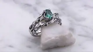Ultimate Leaf Bridal Set with Oval Moissanite and Lab Forest Green Diamonds