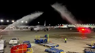(4K) Water Cannon Salute for a Retiring American Airlines Boeing 787 Captain