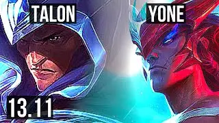 TALON vs YONE (TOP) | 9 solo kills, 2.1M mastery, 1500+ games, Dominating | NA Master | 13.11