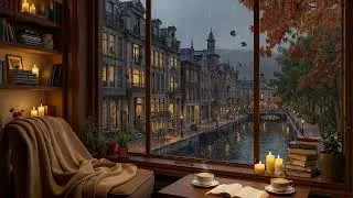Autumn Quran Radio Ambience| Cozy Room, Beautiful Lake View, Falling Leaves, Rain on Window & Clouds