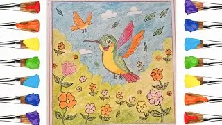 Birds Drawing Garden Flower, Birds Playing Color Pencil