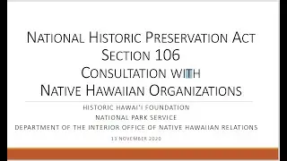 PART 2: Section 106 Consultation with Native Hawaiian Organizations