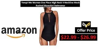 Tempt Me Women One Piece High Neck V-Neckline Mesh Ruched Monokini Swimwear