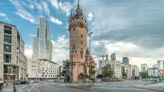 The Eschenheim Tower timelapse hyperlapse. Historic city gate in Frankfurt, Germany.