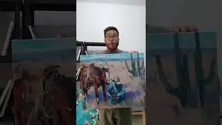 Western Scene Cowboy and Horse Oil Painting by Artist Jose Trujillo