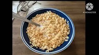 rice crispy cereal and a ketchup and mustard hog dog, with chips