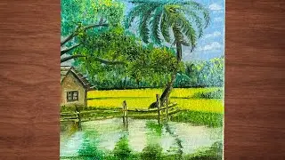 Landscape painting in mini canvas✍️🤭 #art #oilpainting #minicanvas #drawingtutorial #cutepainting