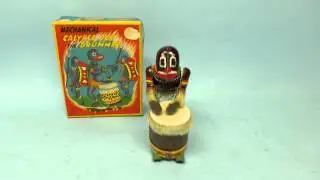 VINTAGE TPS MECHANICAL CALYPSO JOE DRUMMER TIN WINDUP TOY & BOX