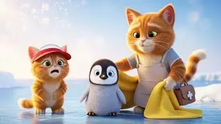 Baby Penguin Slipped on Ice… Mama Cat & Kitten Rescue Mission 🐧❄️ | Cartoon AI Story