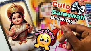 How to Draw Saraswati Mata with oil pastel | Easy Cute Saraswati drawing#saraswatipuja 