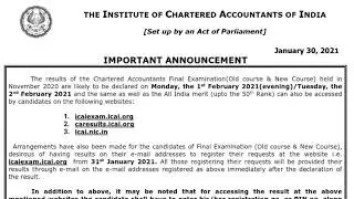 CA Final Exam Nov 2020 Result Dates Declared By ICAI - ICAI Important Announcement