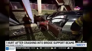 One taken to hospital after crashing into bridge support beam