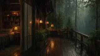 Cozy Rainy Cabin | Relaxing Rain Sounds on a Wooden Deck in the Forest 🌧️🔥