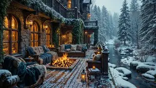 Cozy Snowy Medieval Manor Terrace by Forest Riverside ❄️🌲 Celtic Music & Winter Firepit for Relax