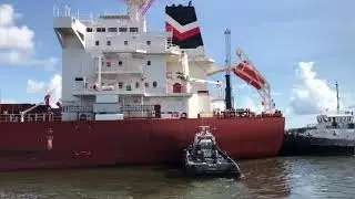Towing of a cargo ship in a seaport. Cargo transportation by sea and ocean. IEC.